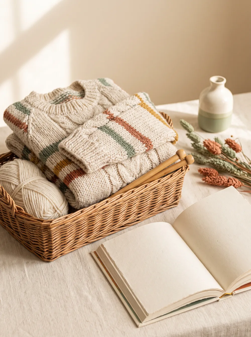 Złożony sweter w koszu z drutami i otwartą książką